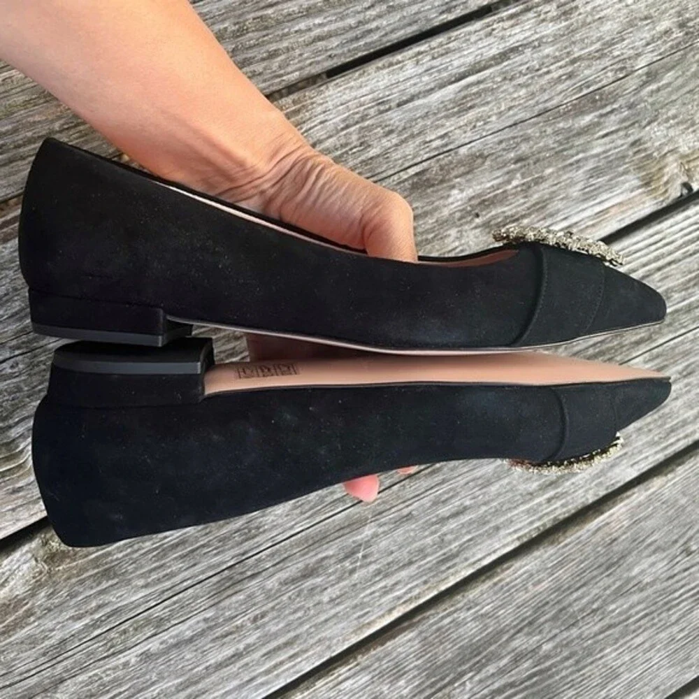 J.Crew Pointed Toe Suede Flats with Crystal Buckle Details in Black 7 NWOB